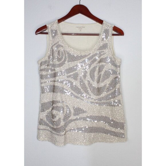 Coldwater Creek Sequin Tank Top Women's M Beige Gray Boho Minimalist Casual - Picture 1 of 13